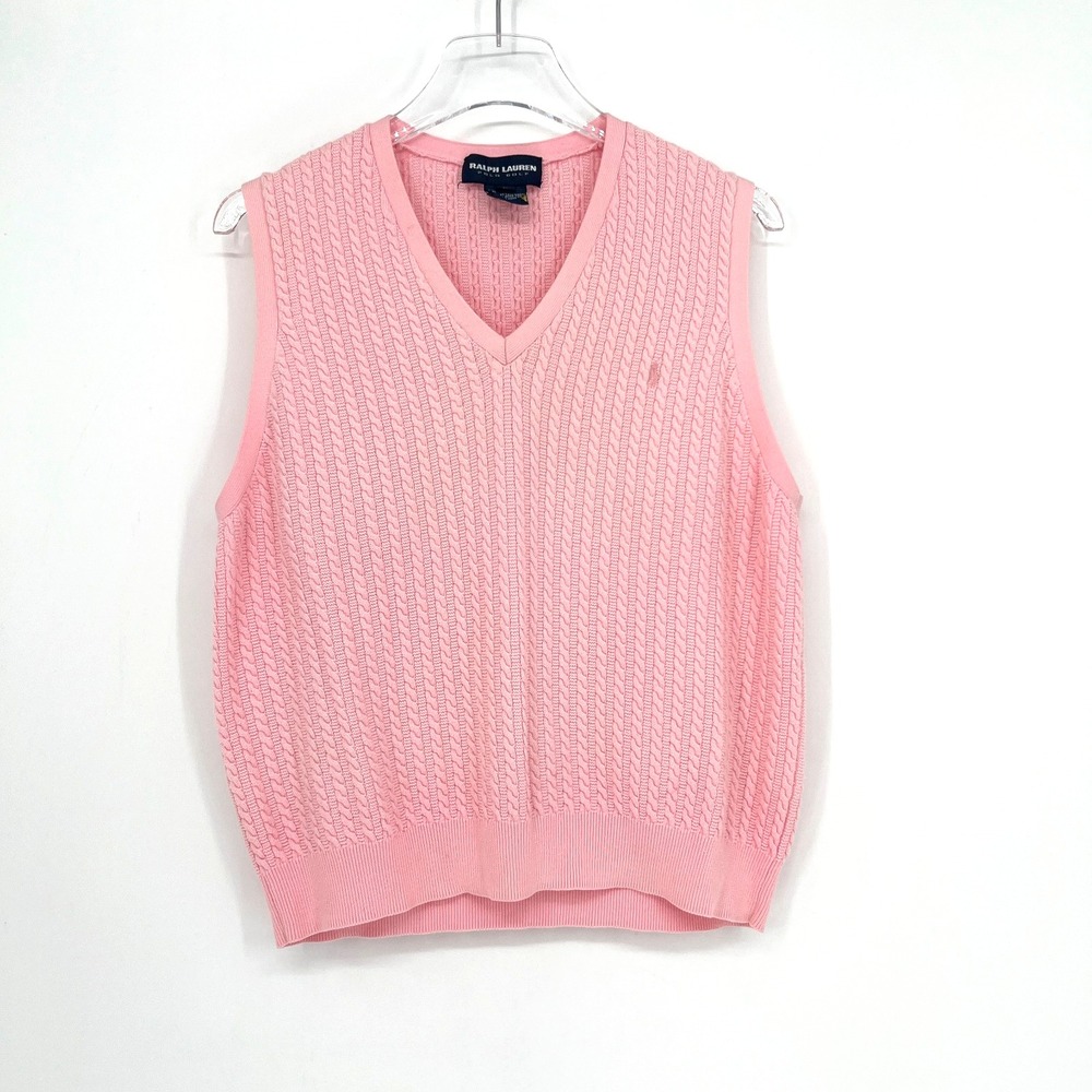 Vtg Ralph Lauren Sweater Vest Womens L Pink Preppy Cable Knit Academia